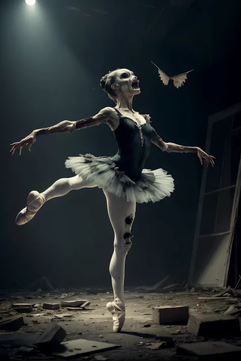 A zombie ballerina pirouettes in the fading light on a broken stage, her tattered tutu fluttering like tattered wings. Her movements, once graceful, now echo the decay of the world around her, yet retain a haunting beauty