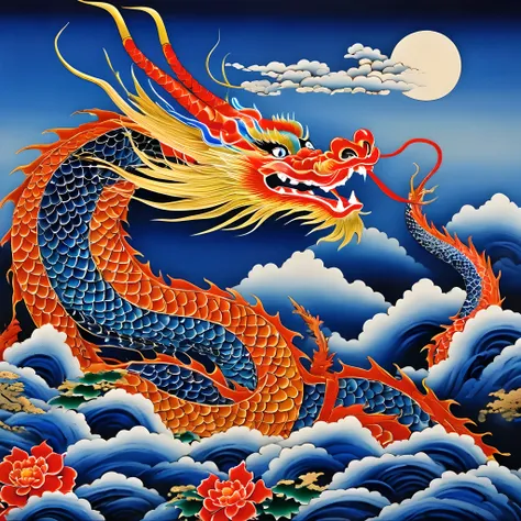 蓝色背景上的龙画, airbrush painting by kishi ganku, shutterstock 大赛获胜者, 景泰蓝主义, 浮世绘, 详细的绘画, 知识共享归属, 杰作, 最好的质量, 高分辨率, 插画风格, 景深, 详细的生物, 详细环...