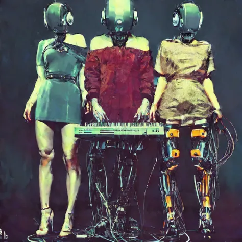 three women in futuristic costumes standing next to a keyboard, cyberpunk women, cyber style, cybernetic components!!, ( ( robot...