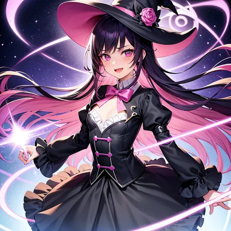 Teenage boy magically transformed into a cute witch girl, gender bending, anime style, pink eyes, long black hair with pink dye, is happy, effeminate face, stunning black Victorian dress, pointy hat (best quality, ultra-detailed), rosy cheeks, enchanting s...