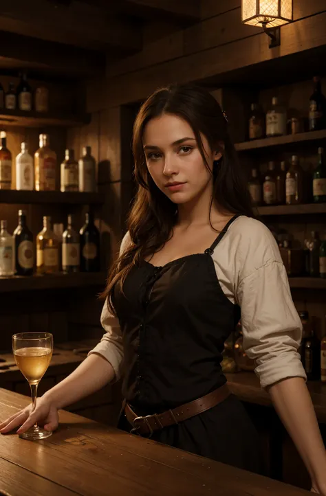 A 4K picture of a female bartender in a tavern, medieval age theme, in a tavern, stunning gorgeous face, highly detailed, warm colors, masterpiece, soft diffused lighting