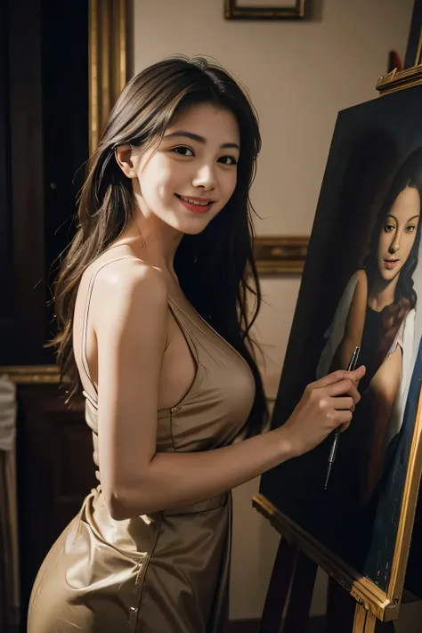 A woman paints an oil painting on a canvas in her atelier,Easel,antique,A smile,,Sweet and seductive appearance.、Caravaggios paintings、Chiaroscuro of Caravaggio,,Cute smile, Expression of ecstasy,erotick,A sexy,Seduce you,pen,oil painting palet