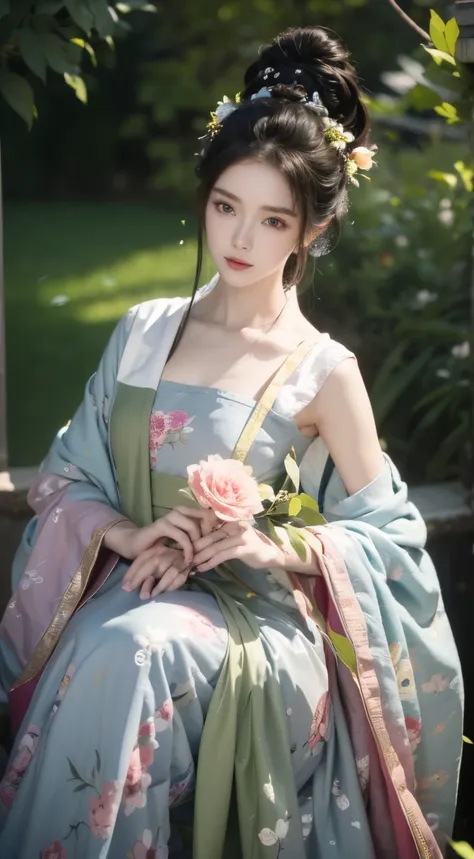 close-up of a woman with a fan and flowers in her hair，a beautiful fantasy queen，ancient chinese princess，（a beautiful fantasy q...