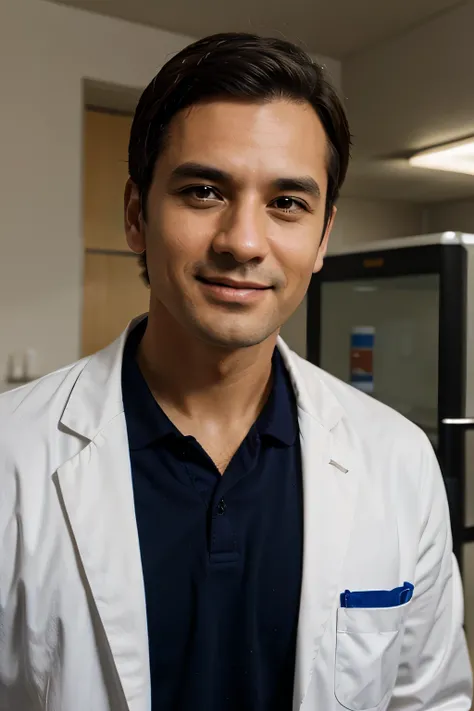 Middle-aged male doctor of medicine，portrait photo，Half body，Smile，laboratory background