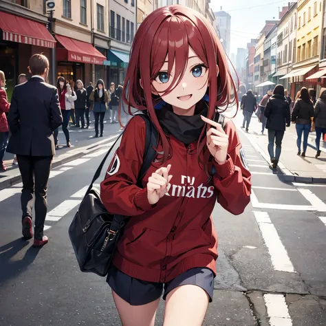 miku nakano in a ac milan jersey smiling wokign in the street