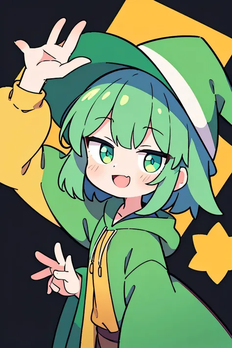 young girl in magical green wizard robes, pointy green hat, dark green hair, short hair, smile, happy