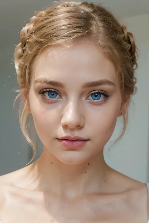 make a beautiful outstanding pic woman with a messy updo and a pink lip, subtle makeup, perfect face and eyes, subtle make up, gorgeous face, beautiful pale makeup, pointed face and light blue eyes, beautiful well rounded face, flawless face, glowing light...