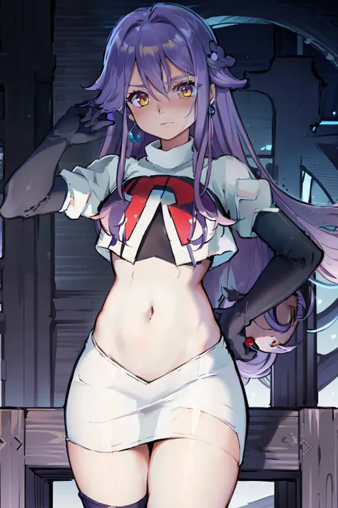 masterpiece, best quality, best 8k wallpaper,
1 girl, cowboy shot, long hair, purple hair, bangs, yellow eyes, earrings, hair between eyes, hair ornament,team rocket,team rocket uniform,white skirt,red letter R,crop top,black thigh-highs,black elbow glove...