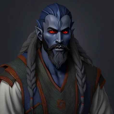 you. Dunmer. Male. Dark blue skin. dark gray skin. Gray skin. Red eyes. Beard. Photorealistic. Bright oriental costume