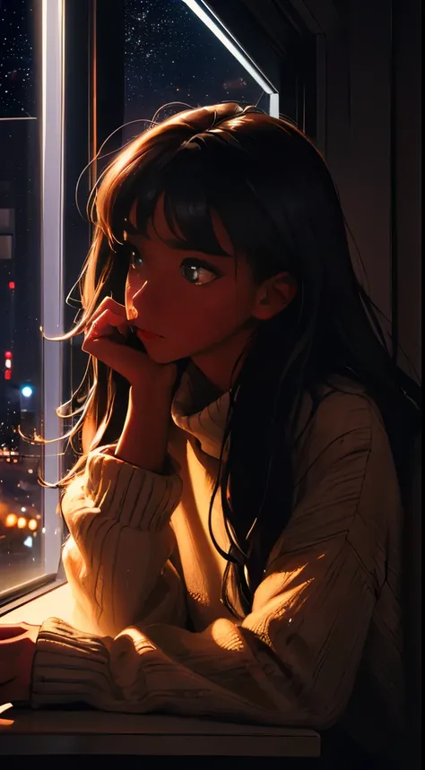 ((masterpiece, best quality, ultra detailed, ultra high res)), ((night)), (distant), chiaroscuro, coffee, indoors, solo focus, pov, (through the window), (armrest), 1 black girl, facing away, black hair, long hair, distracted, sitting, fuzzy sweater shirt,...