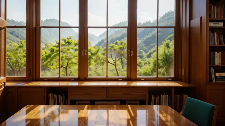 study table, a book on the table, beautiful image of nature through the window, HD, high quality, best quality, highres, high quality, high details, masterpiece