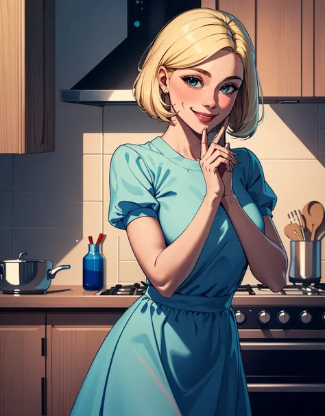 (masterpiece, best quality:1.2), cowboy shot, solo, 1girl，35years old, piper, smile, looking at viewer, (hand on own cheek:1.2), blonde hair, blue dress, puffy short sleeves, fingerless gloves, kitchen