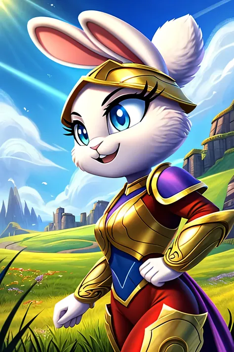 zoomed out image, fantasy style art, a shapely female white bunny with blue eyes, raised ears, poofy rabbit tail, long eyelashes, heroic look, encouraging smile, wearing a fantasy style suit of golden armor, red tights, stunning visuals, in a grassy valley...