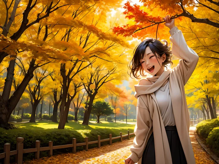 A girl in a park, surrounded by golden leaves falling from colorful trees. The vibrant autumn colors create a joyful atmosphere as sunlight streams through the branches. The soft breeze carries the gentle rustling sound of the swirling leaves. With every s...