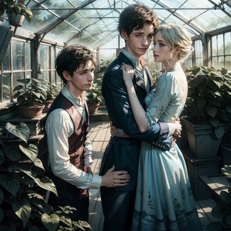 eddie redmayne newt scamander from fantastic animals hugging a white middle haired girl, romantic couple happy, in a greenhouse,...