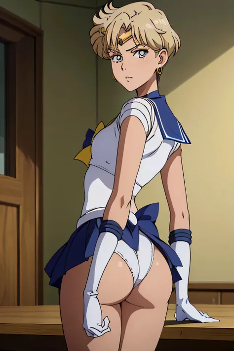 (best quality:1.1), (masterpiece:1.4), (absurdres:1.0), portrait, close-up,1girl, sailor uranus, KizukiAi, mature woman, small breasts, aqua eyes, blonde hair, sailor senshi uniform, sailor collar, chest bow, back bow, plead skirt, white elbow gloves, big ...