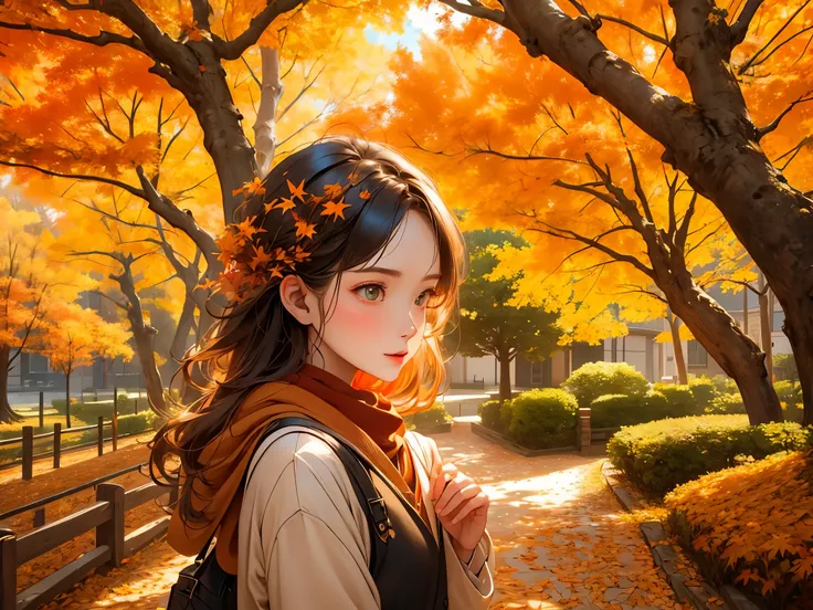 A girl picks up fallen leaves from the ground and sends them flying in the air. The scene takes place in autumn, with the streets filled with fallen leaves and lined with trees. The girl has beautiful detailed eyes, beautiful detailed lips, and a face that...