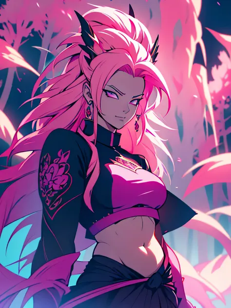 ultra-detailed, super-sayajin ultra woman, pink hair, long hair, violet eyes painted around her eyes, wears only one earring in one ear, black clothes with pink decorations, the clothes have a drawing of a dragon in red, her belly is from outside, cosmos s...