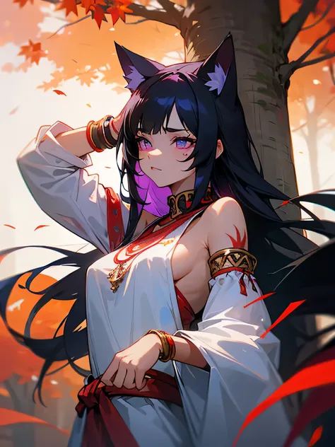 ultra-detailed, woman, cat ears, violet eyes, black hair, long hair, wears white clothes with red decorations, on her left arm she has no sleeves, on her left arm she has red tribal tattoos, she wears a gold bracelet on her left hand, on her hand right he ...