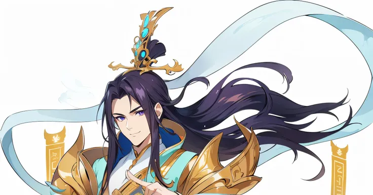 Delicate features, handsome face, beautiful purple eyes, smiling at the camera,