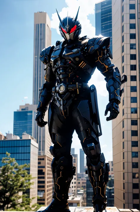 a super  a high-tech biotech battle suit, standing on a rooftop, looking over the city, japanese tokusatsu and american comic st...