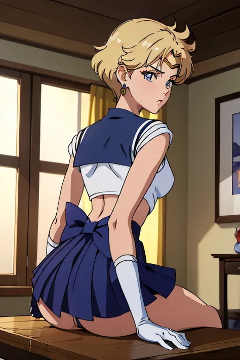 (best quality:1.1), (masterpiece:1.4), (absurdres:1.0), portrait, close-up,1girl, sailor uranus, KizukiAi, mature woman, small breasts, aqua eyes, blonde hair, sailor senshi uniform, sailor collar, chest bow, back bow, plead skirt, white elbow gloves, big ...