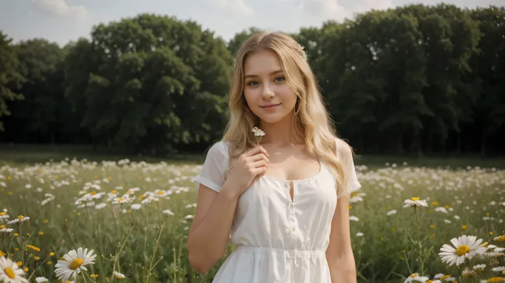 Wind, светлые длинные hair fluttering in the wind от сильного ветра, Field of daisies, woman in a short white dress with a perfect figure and slender legs in full height, hair fluttering in the wind, holding a chamomile in his hand, smiling, original perfe...