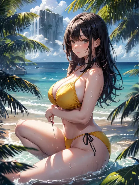 highest quality、complete limbs、full finger、Slender beauty、25 year old woman、black haired woman、straight hair woman、beautiful big breasted woman、((woman wearing yellow bikini))、Resorts、maldives、light blue water surface sea、jetty、naughty pose、wet texture、big...