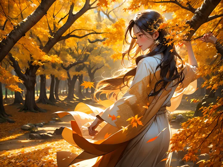 (best quality,4k,8k,highres,masterpiece:1.2),ultra-detailed,(realistic,photorealistic,photo-realistic:1.37),long-haired girl,picks up fallen leaves,autumn street with fallen leaves,leaves flying in the air,streets lined with trees,golden and orange color t...