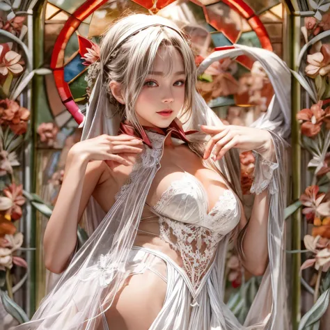 Sexy girl in ((WHITE)) and Delicate lace underwear, with Glossy RED lips and sexy tongue, (Exposed:1.2), (nipple:-0.9), { very Cute lips closeup | Dynamic-angle }, ((Dazzling stained glass Background)), (( colorful Light shines through stunning elaborate s...