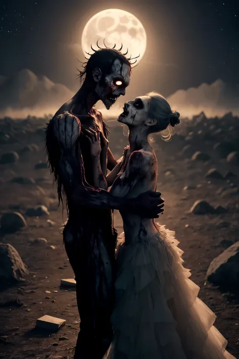 A pair of zombie lovers, their bodies decaying yet intertwined, dance in the moonlight, their movements both graceful and grotesque, a morbid waltz of eternal devotion.