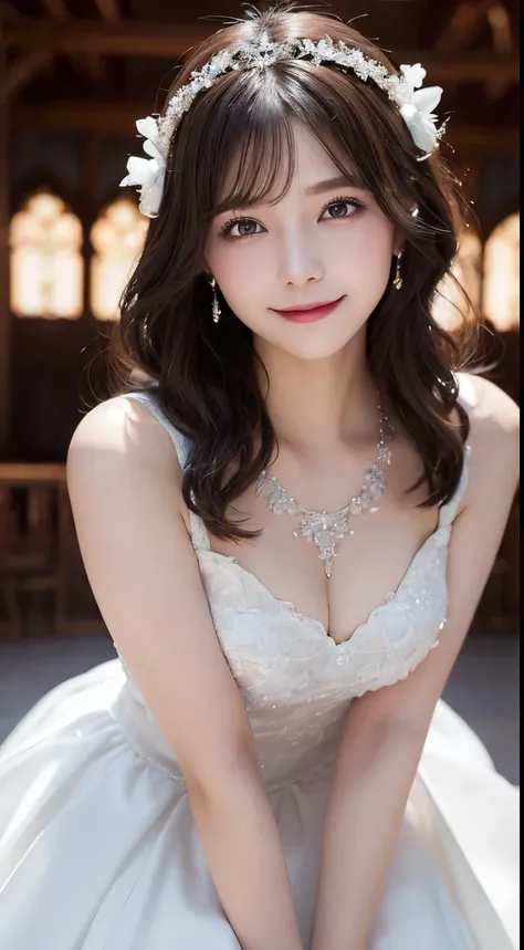 innocent 20 year old girl、((Woman in snow white wedding dress、gorgeous hair decoration、Glittering necklace、shy smile,dramatic pose)),shy smile,shortcut,Beautiful church wedding background,Raw photo, (8K、highest quality、masterpiece:1.2)、(intricate details:1...