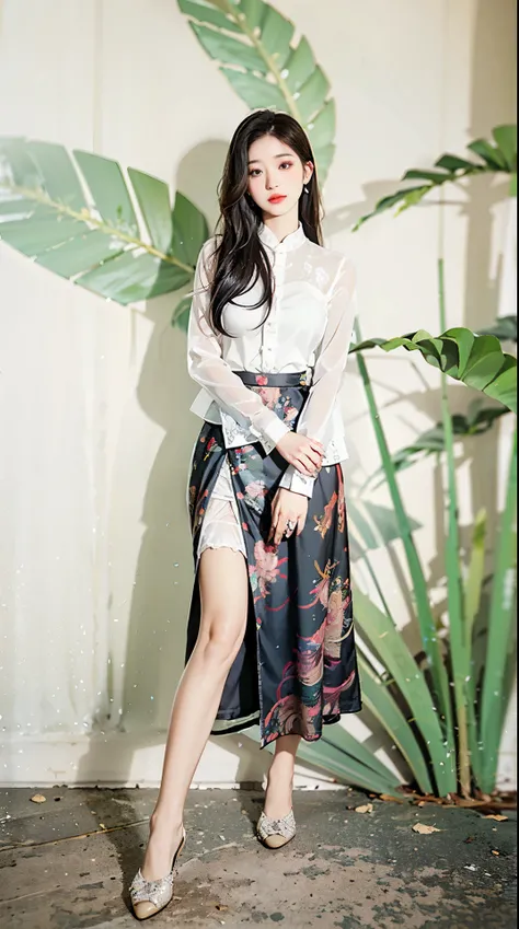 Couple wearing white shirt and black skirt posing for photo, 身着飘逸long skirt, Korean female fashion model, long skirt, full body xianxia, Wear long, flowing clothes, full length shot, full length view, panoramic ( FS ), Ad Image, High end fashion shoot, Whi...