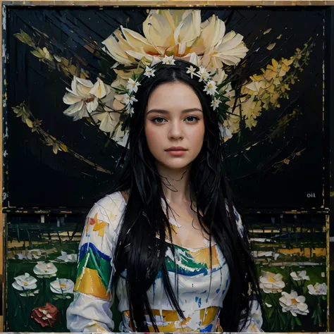 (oil painting:1.5),  a woman with long black hair and white flowers in her hair stands on a mountain in a field of flowers, a noite no luar, vestido longo, (uma pintura detalhada:0.353), (gothic art:0.106)