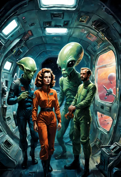 painting of a couple of alien men and a woman in a space station, retro sci - fi art, inspired by Kelly Freas, by Dave Arredondo, pulp scifi illustration, inspired by Jim Burns, alex gross, beeple and jeremiah ketner, sci-fi illustrations, sci - fi illustr...