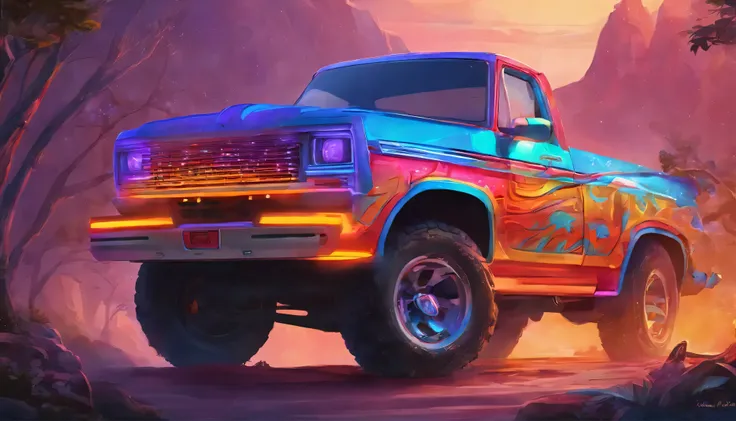 Render of an 80s Ford pickup truck, showcasing the characteristic design elements of that decade, with wide fenders and a prominent hood. The truck stands out with its vibrant color and the distinct text El Pelavacas emblazoned on the front.