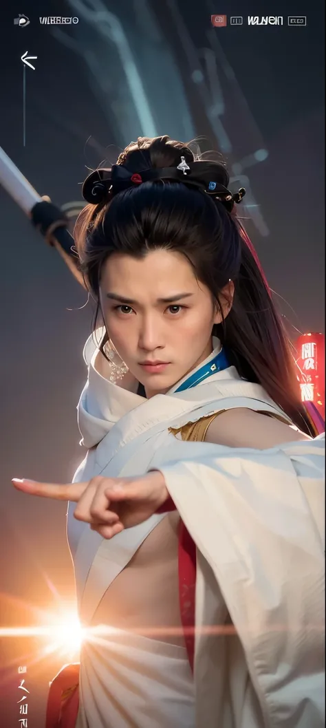 A close-up of a person pointing to something with a finger, xianxia hero, Inspired by Tang Yifen, wuxia, xianxia fantasy, xianxia, Inspired by Gu An, Inspired by Du Qiong, Inspired by Zhan Ziqian, Inspired by Zhao Yuan, Inspired by Zhang Wo, Inspired by Zh...