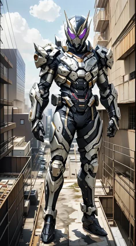 A super a high-tech biotech battle suit, standing on a rooftop, looking over the city, Japanese tokusatsu and American comic style, biometallic texture of the suit, sleek and shiny, dynamic, fast, natural light, cinematic, high quality, high resolution, hi...