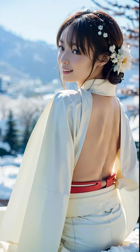 (((A beautiful woman crouching on a dark mountain in a pure white thin kimono with little exposed skin in the middle of the night))),(((A Yuki-onna, who looks great in a pure white kimono, is sitting staring at me from a distance in the darkness of a blizz...