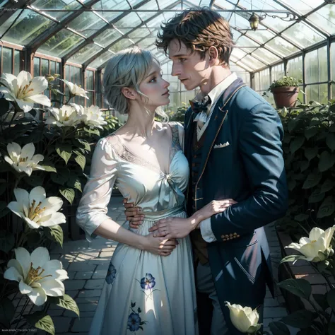 Eddie Redmayne Newt scamander from fantastic animals hugging a white middle haired girl, Romantic couple happy, in a greenhouse with colorful flowers, (girl must have blue clothes), anatomy correct, Delicate pattern，Ink painting style, Clean colors, Soft l...