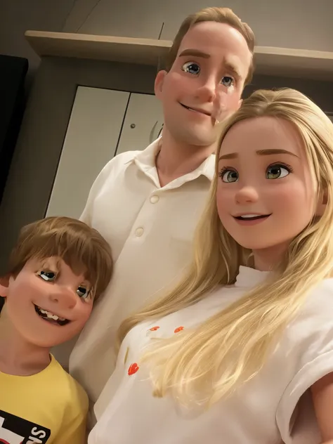 Recreate a film poster in the style of Disney Pixar 3D. In the image there is a young couple with their 8 year old son, their faces must be cute and with smiles. The girl has long blonde hair, her eyes are honey green. The boy has short brown hair and brow...