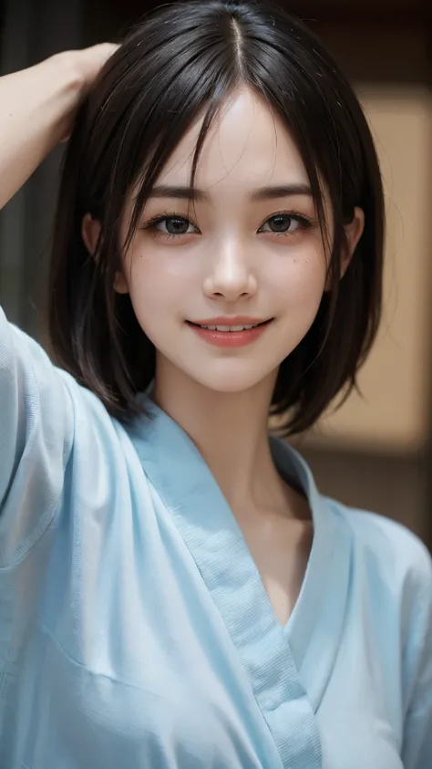 best quality, muste piece, ultra high resolution, (It&#39;s photorealistic:1.4), Raw photo, 1 girl, K deｰPOP idol, short hair, slender body,kendo、swordsman,kendo道場,A tenugui wrapped around the head.Detailed eyes,(realistic eyes),delicate face,realsK dein,d...