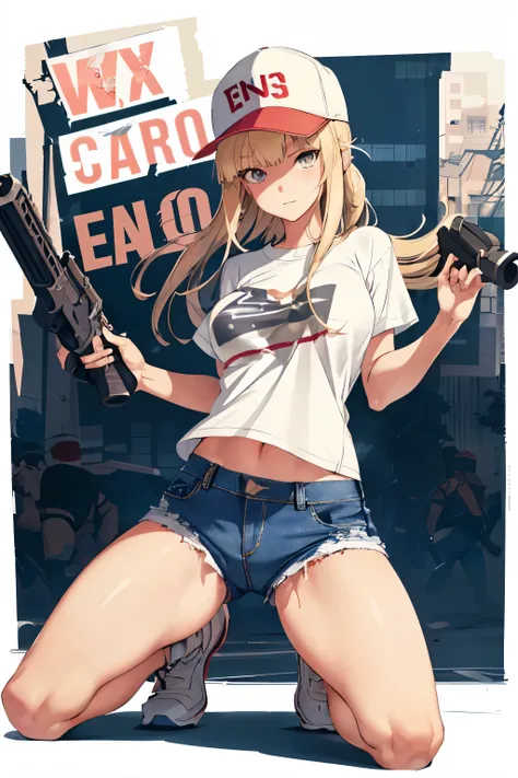 Close-up of a woman wearing a white T-shirt and micro denim hot pants and holding a gun, blonde long hair, baseball cap, small details. female action anime girl, Anime full body illustration, urban combat zone, gun action, big ass, panty lines, ((Panties t...