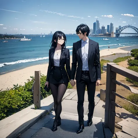 a man in black casual wear holding a woman's hand strolling around sydney opera house inside