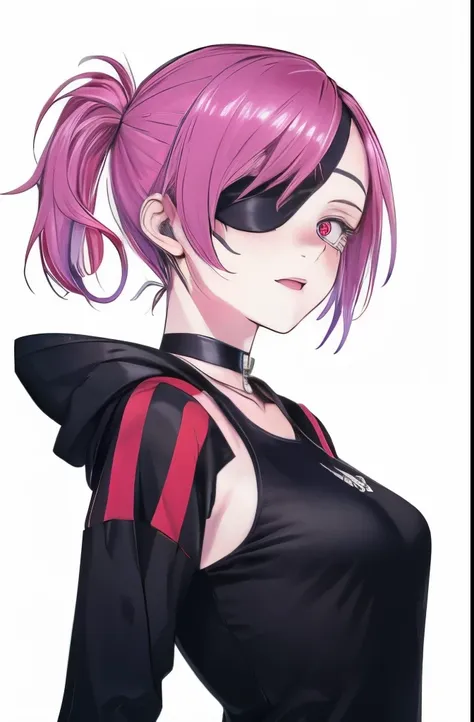  white skin, purple hair, green eyes, ponytail, short hair, choker, messy hair, 2 girls, auburn hair, single blade, red eyes, big breasts, difference in size, small breasts, black hoodie, tight dress, Eye Patch, 