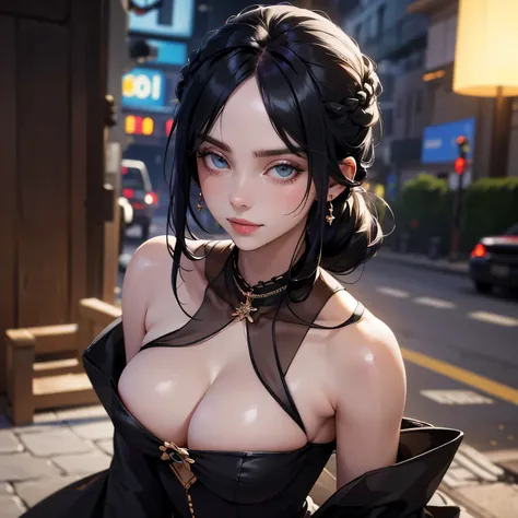 (((top quality, 8k, masterpiece))), crisp focus, (beautiful woman with perfect figure), slender, (hairstyle: down, loose)), ((black sexy dress)), street: 1.2 Highly detailed face and skin texture, Detailed eyes, Double eyelids, sexy posture, (smile), super...