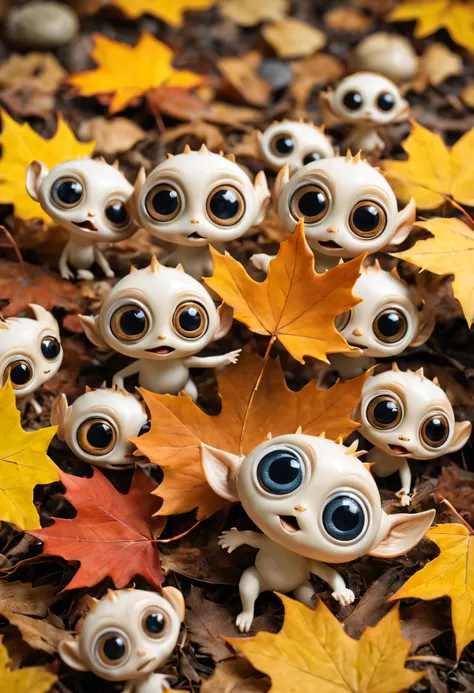 tiny aliens with huge eyes romp and play in falling autumn leaves