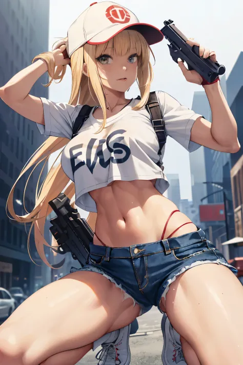 Close-up of a woman holding a gun wearing a white T-shirt and unbuttoned micro denim hot pants, blonde long hair, baseball cap, small details. female action anime girl, Anime full body illustration, urban combat zone, gun action, big ass, panty lines, ((Pa...