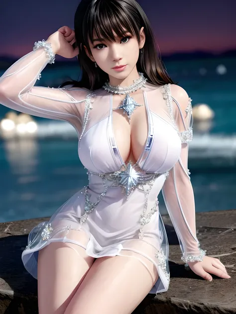 first-person view,1girl,Nanami,(Wearing Ice crystal embellished dress:1.5),((flower shop)),Jewelry,Tattoos,nighttime, full_moon,(( Water droplets glow)),slightly parted lips, lewd smile, lascivious, sexy poses,red lips,charming body,Charming cleavage,(Mast...