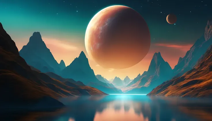 somewhere in space. a mountain surrounded by ocean. Mysterious water planet floating in the mountains. Light and colorful. Everything is cosmic. 3D.